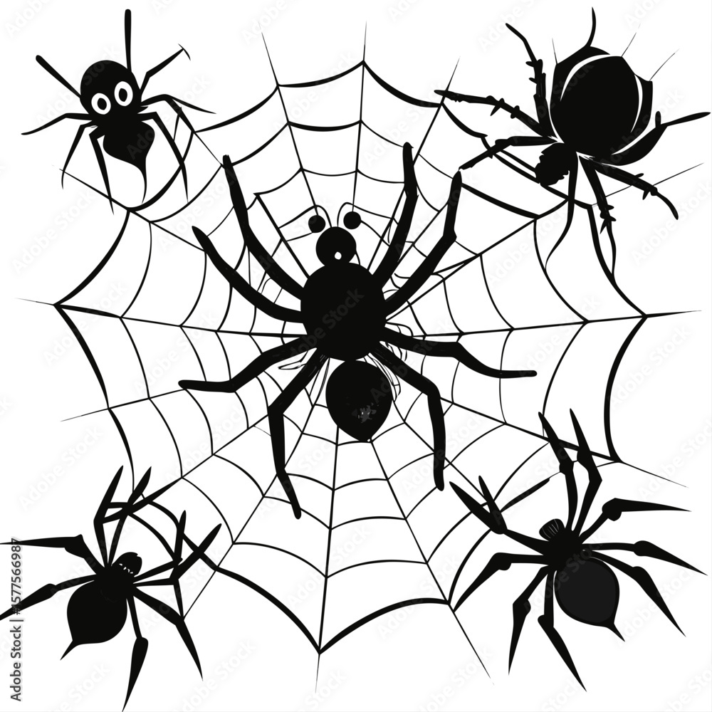 Obraz premium Five silhouetted spiders of various sizes on a black spiderweb