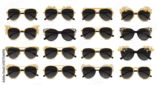 Collection of isolated black vintage fashion sunglasses with an eye-catching hipster style for men