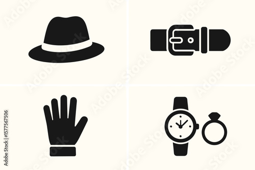 Minimalist icons: fedora hat, belt, glove, watch with ring on light background