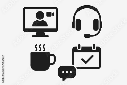 Digital communication icons: video call, headset, coffee, calendar and chat