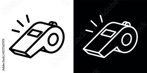 Referee whistle icon. Symbol of sport, match or championship. Referee whistle, attribute of sports referee or violation of game rules. For playing football or hockey, volleyball or basketball. Vector 