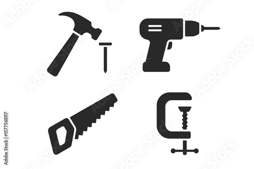 Silhouette icons of hammer drill saw and clamp tools for construction and diy projects