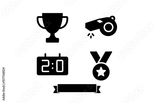 Sports icons: trophy, whistle, scoreboard, medal, banner silhouettes