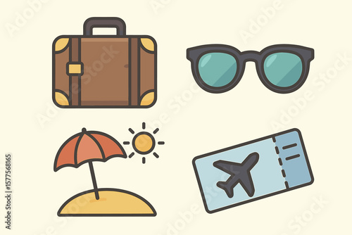 Travel essentials: sunglasses, suitcase, airline ticket, umbrella on beach