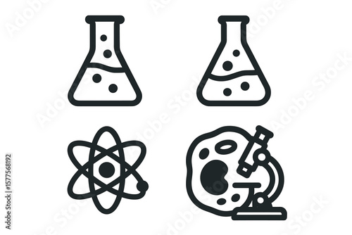 Laboratory icons: flasks, atom, microscope in scientific design
