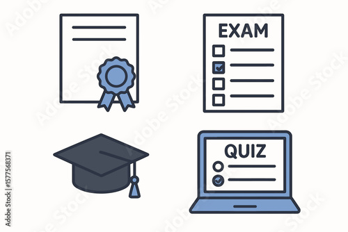 Education icons featuring diploma badge exam checklist graduation cap online quiz