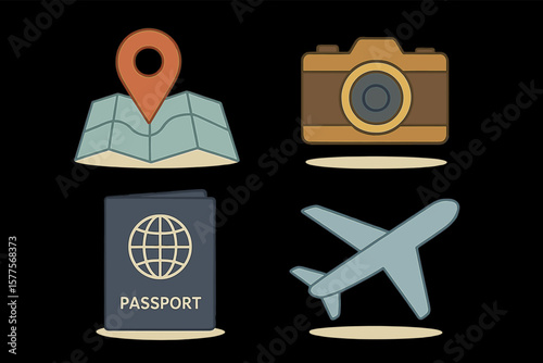 Travel essentials icon set: map, camera, passport, airplane