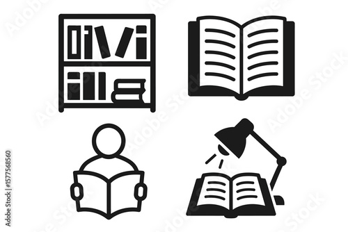 Library icons: bookshelf, open book, reading person, desk lamp