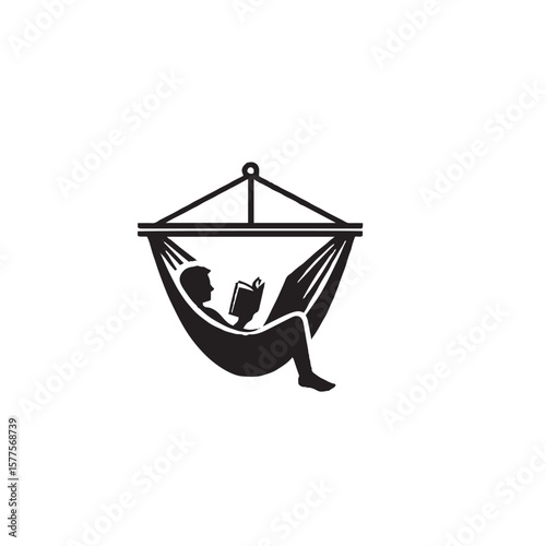 Person in Hammock with Book Silhouette on White Background – Vector Illustration for Relaxation, Leisure, and Outdoor Reading Concepts