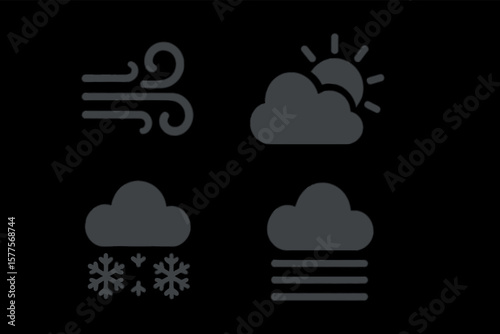 Weather symbols: wind, cloudy, snow, fog icons for forecast applications
