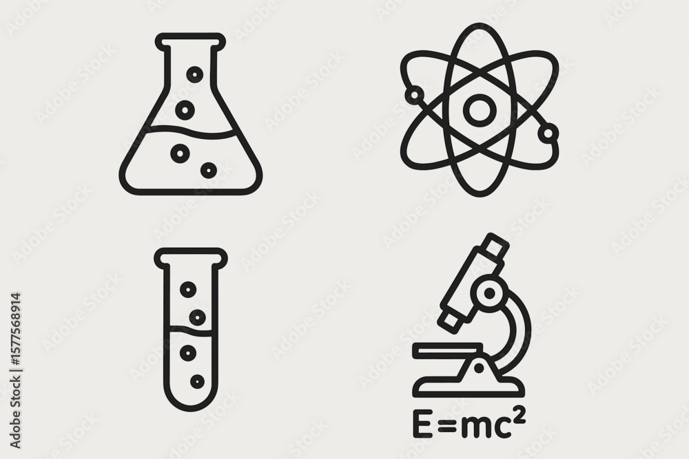 Fototapeta premium Minimalist science icons: beaker, atom, test tube, microscope, e=mc²