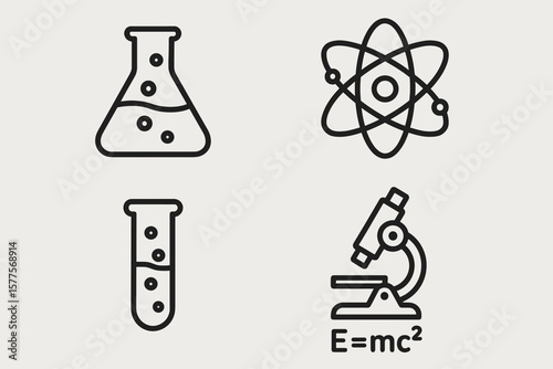 Minimalist science icons: beaker, atom, test tube, microscope, e=mc²
