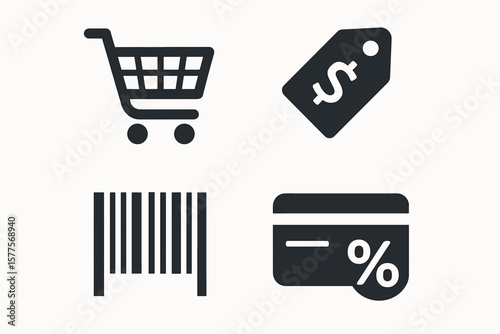 Shopping icons: cart, price tag, barcode, credit card with percent symbol