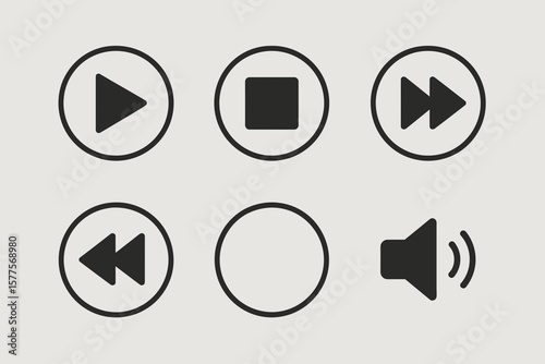 Black media control icons: play, stop, fast forward, rewind, volume