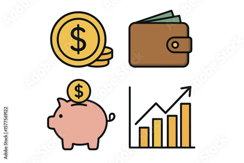 Financial growth icons: coins, wallet, piggy bank, upward graph