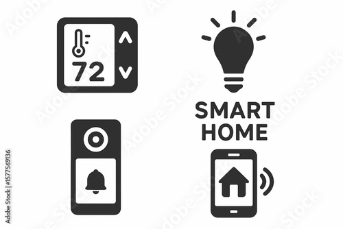Smart home icon set featuring thermostat lightbulb doorbell and smartphone symbols