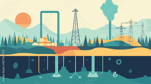 Geothermal Energy Production Diagram Vector Illustration