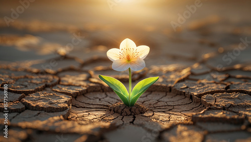 White Flower Emerging from Dry Earth as Metaphor for Eternal Soul and Spiritual Rebirth