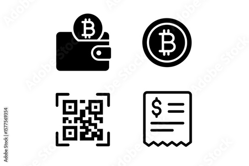 Bitcoin wallet icon set with qr code and payment receipt symbols