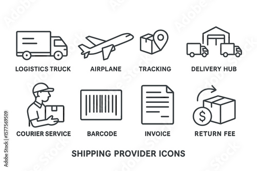 Shipping provider icons: logistics, courier, airplane, tracking, barcode, invoice, return fee