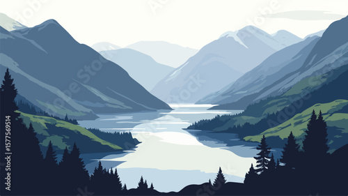 Misty Highland Loch Surrounded by Heath and Hills