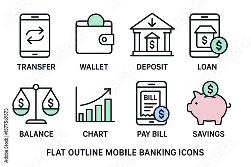 Flat outline mobile banking icons: transfer, wallet, deposit, loan, balance, chart, pay bill, savings