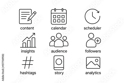Social media icons: content management and analytics tools