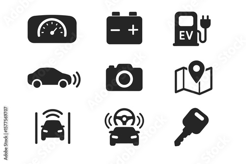 Icons of electric vehicle dashboard features and navigation symbols