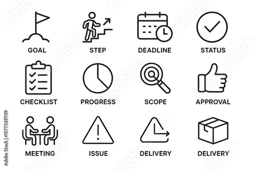 Business icon set illustrating goal, progress, delivery, and checklist concepts