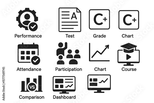 Educational performance icons including test, grade, attendance, and course dashboard symbols
