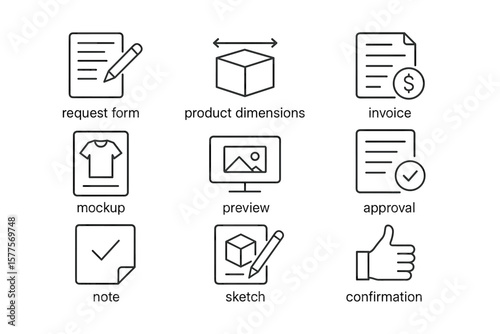 Icons for request forms, product dimensions, invoice, mockup, preview, approval, note, sketch, confirmation