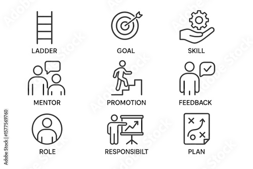 Professional development icons: ladder, goal, skill, mentor, promotion, feedback, role, responsibility, plan