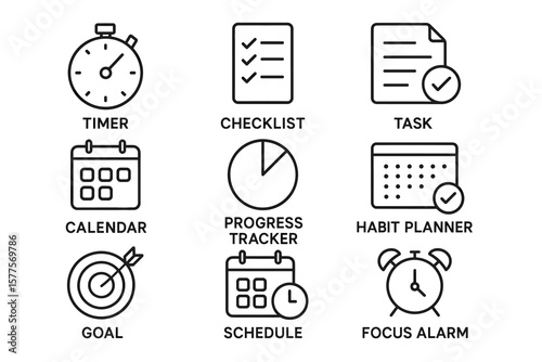 Task management icons: timer, checklist, progress tracker, habit planner, goal, schedule