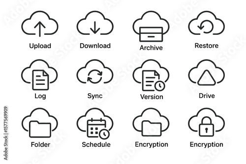 Cloud-based file management icons for upload, download, archive, and more