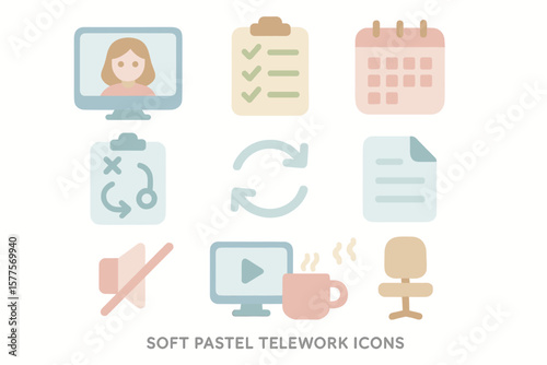 Soft pastel telework icons: computer, checklist, calendar, sync, mute, play, coffee, chair