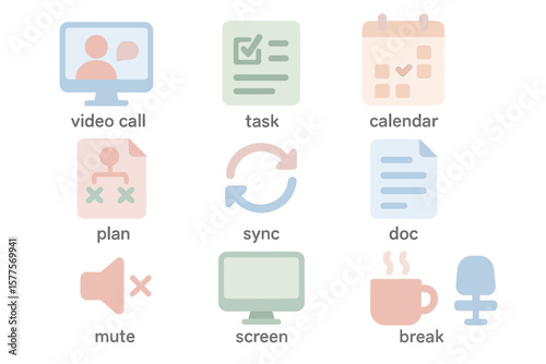 Pastel office icons: video call, task, calendar, plan, sync, doc, mute, screen, break