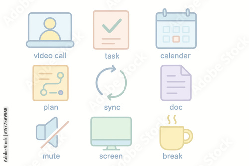 Pastel icon set for video call, task management, and break reminders