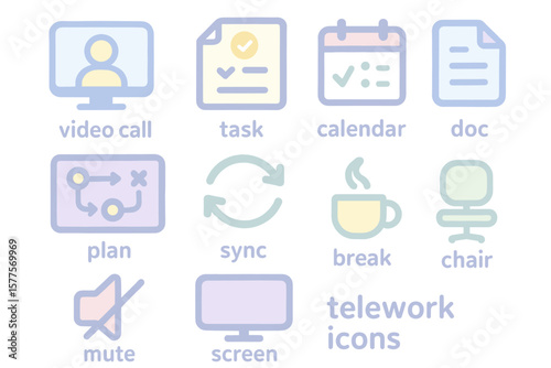 Telework icons: video call, task, calendar, document, plan, sync, break, chair, mute, screen