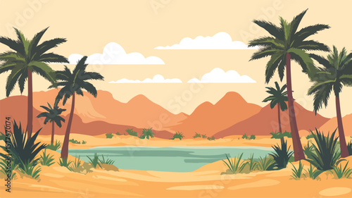 Serene Lush Oasis in Desert with Palm Trees and Springs
