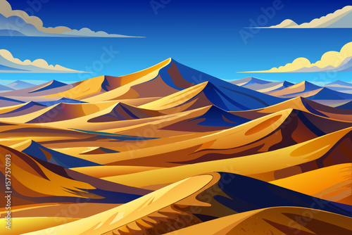 Golden sand dune under clear blue sky in the Sahara Desert. Bright natural landscape, peaceful and arid environment, iconic African scenery, travel and nature concept