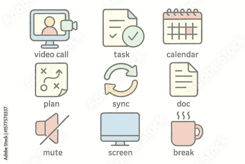 Icons for video call, task management, calendar, and break reminders in pastel colors