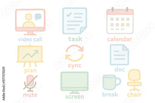 Colorful office icons featuring video call, task, calendar, and more