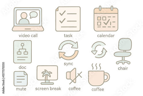 Icons representing video call, tasks, calendar, sync, and coffee break