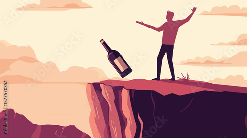 Man Pushing Wine Bottle Away from Cliff - Struggle Conceptual Image for Marketing Materials