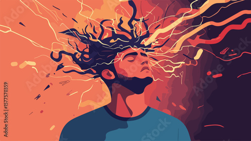 Intense Man with Lightning Bolts in Mind, Conceptual Portrait of Tangled Thoughts