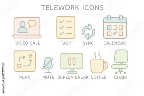 Telework icons featuring video call, task, sync, and calendar symbols