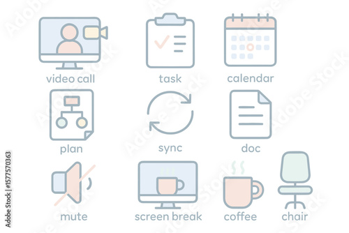 Video call and productivity icons: task, calendar, plan, sync, and coffee break symbols