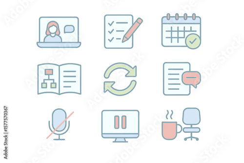 Set of icons: video call, checklist, calendar, flowchart, sync, notes, mute, pause, coffee break