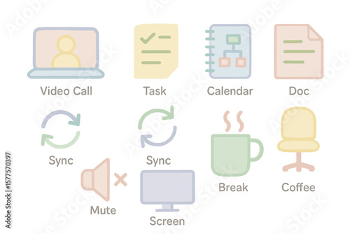 Pastel office icons highlighting video call, task, calendar, document, and coffee break elements