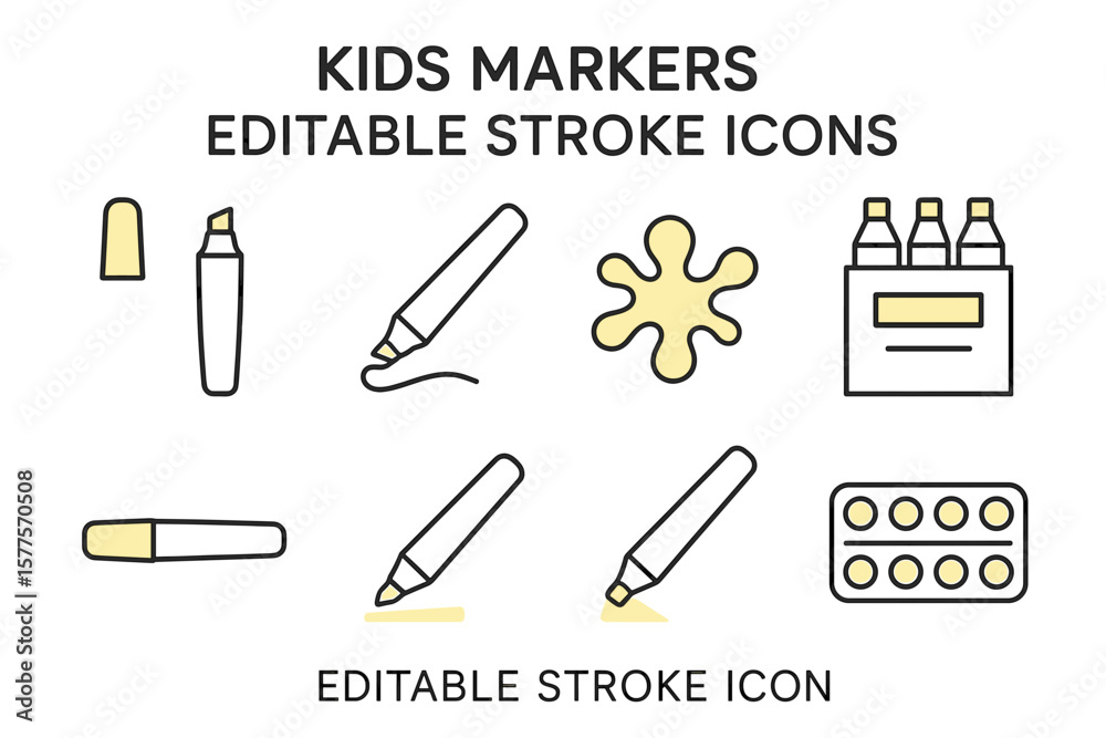 Kids markers editable stroke icons set with assorted designs Kids markers editable stroke icons set with assorted designs